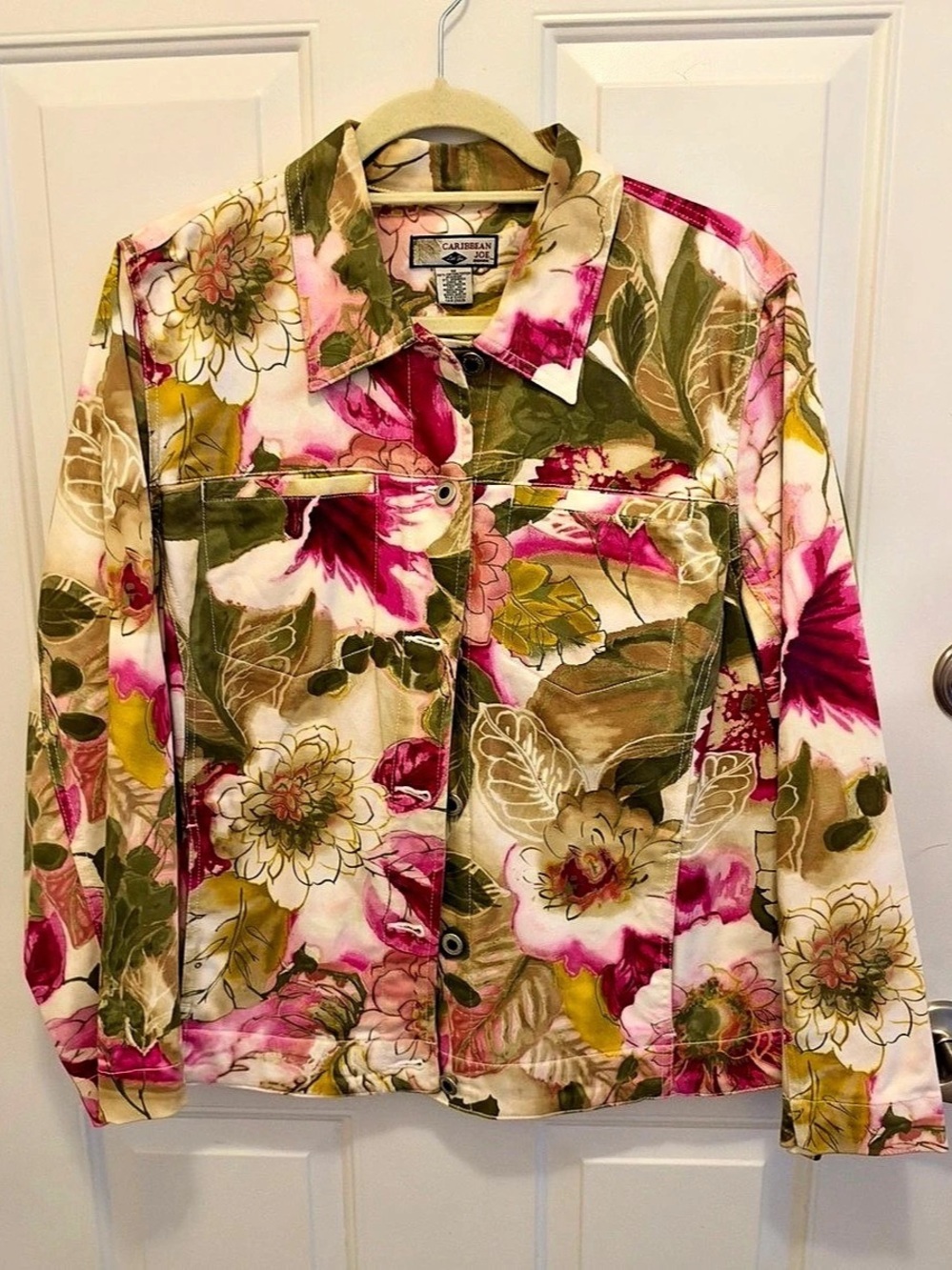 Caribbean Joe Floral Cotton Jacket in Pink & Green 1X Like New